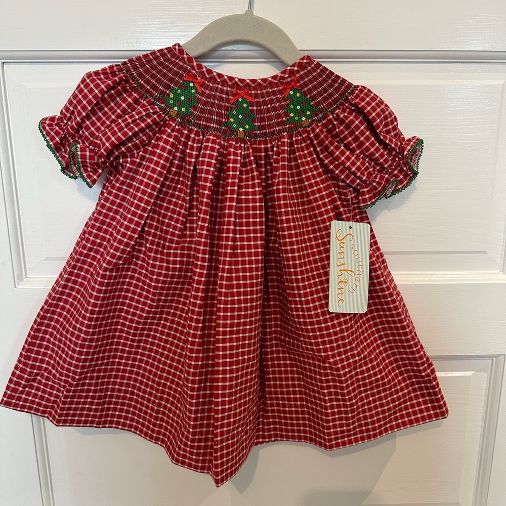 NWT Red Gingham Christmas Tree Smocked Dress